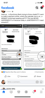 On today, Juneteenth, Synchrony Bank decides to have a MONKEY emoji flash over the calendar!!! How disgraceful and prejudice!!