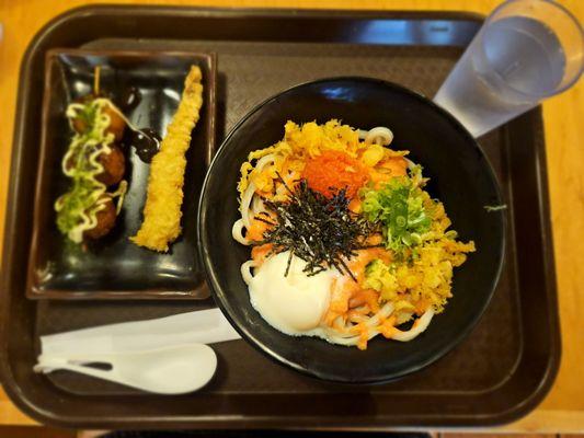 Mentama udon with takoyaki and shrimp tempura