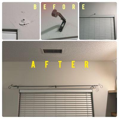 Drywall repair, paint, curtain rod.