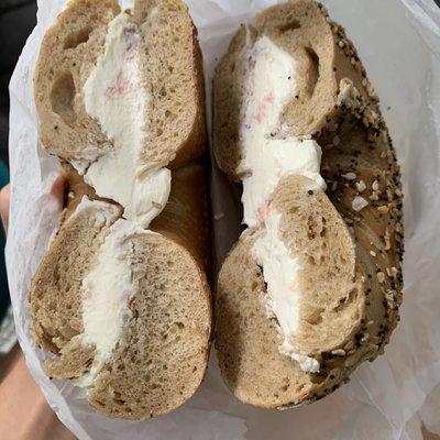 wheat everything bagel with lox spread