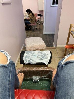 Pedicure Room #2. Disgusting paper towel instead of a cloth towel