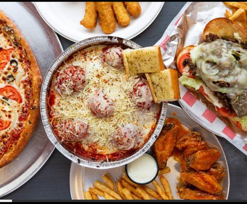 Meatball pasta, party wings, steak and cheese, mozzarella sticks, pizza and more