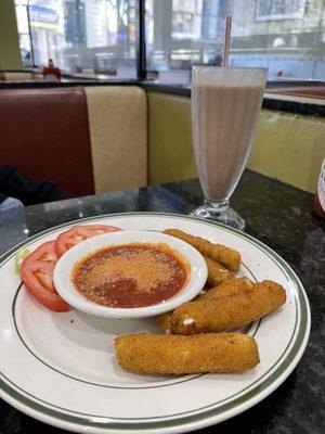 Mozzarella sticks with homage marinara, and great shake.