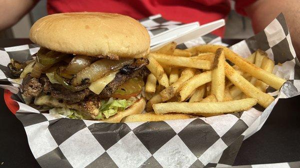 Southwest cheeseburger and seasoned fries.