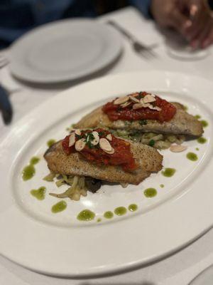 Seared Market Fish (Branzino) Tomato Olives Capers and Almonds