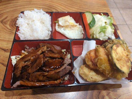 Bento box with beef teriyaki and veggie tempura