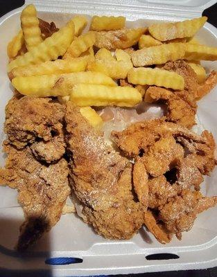 Chicken tender and shrimp combo.