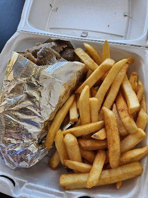 Gyro (without lettuce and tomato) and french fries.