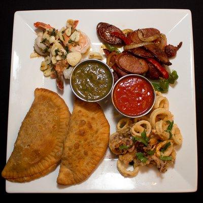 Appetizer Sampler - Calamari, Shrimp, Empanadas, Sautéed Chorizo.