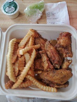 Honey garlic pepper wings and fries. Celery and Ranch.