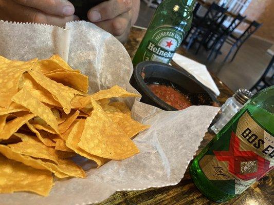 Chips and salsa, also variety of beer selections. Great Saturday lunch