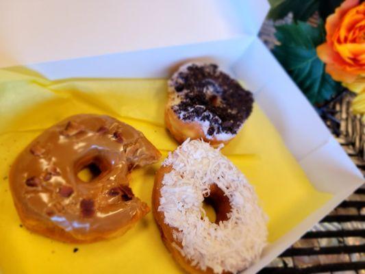 Coconut, maple bacon, and Oreo Donuts!