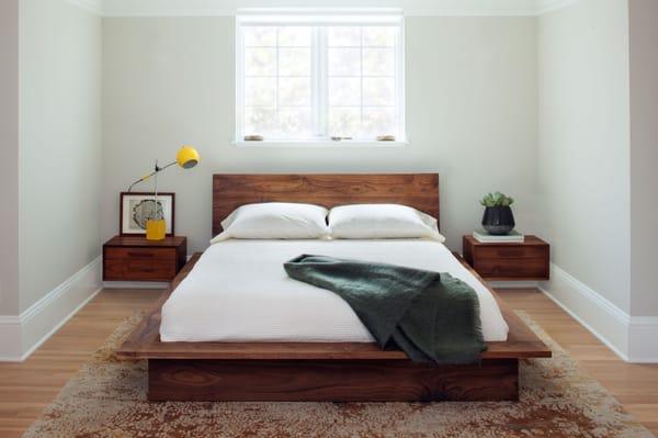 The Nehalem Bed Handcrafted by The Joinery in Eastern Walnut with Hanging Nightstands.