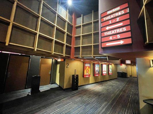 Hallway to theaters.  Clean.  Nice decorations.