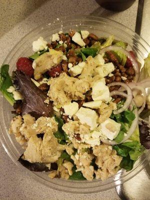 Rasberry Chicken nut salad!! Chicken was mushy like paste and grey in color. Not happy with the evening crew. And they forgot the dressing.