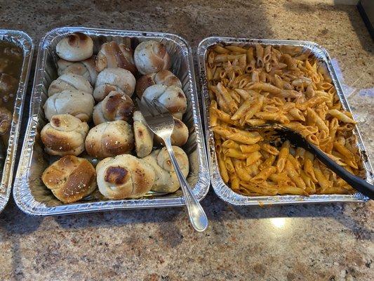 Half Tray of Garlic Knots, Half Tray of Penne Alla Vodka