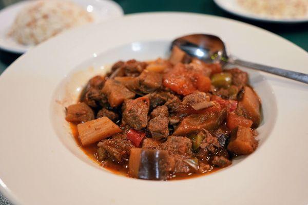 Eggplant Stewed with Meat (Patlican Guvec): beef, eggplant, tomato, green pepper, garlic, onion, tomato paste, pepper paste ($19.99).