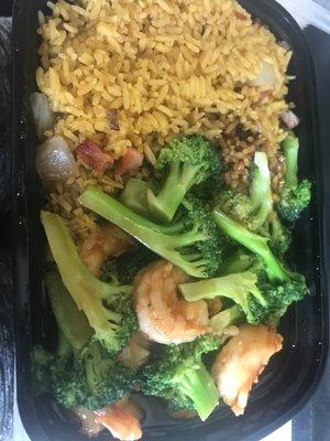 Shrimp and broccoli with pork fried rice