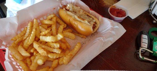 Chili, onion and slaw dog with fries.