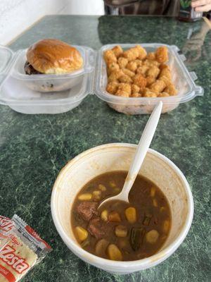 Beef/veg soup, pit beef sandwich & tots