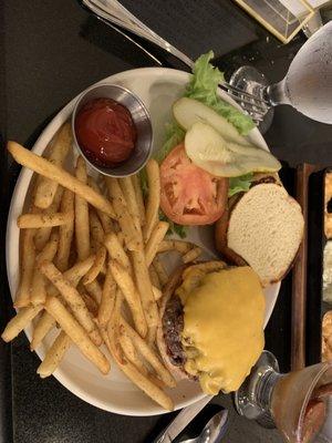 Burger for lunch with rosemary fries