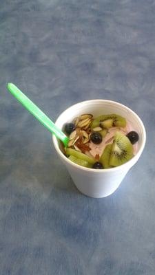 Black cherry tart and non-fat chocolate yogurt with fruit and almonds - yummy!