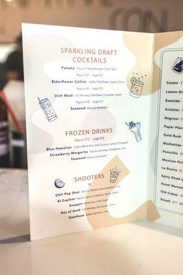 Sparkling Draft Cocktails/Frozen Drinks/Shooters Menu.