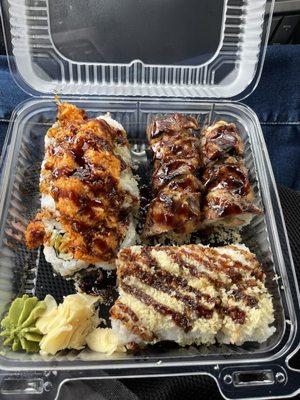 Left to right: Volcano (special roll), Red Bull (special roll) and Okinawa Spicy Tuna (regular roll)