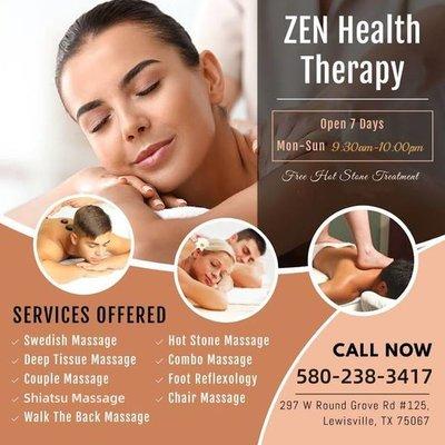 ZEN Health Therapy Spa
297 W Round Grove Rd

Ste 125

Lewisville, TX 75067