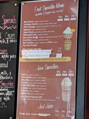 Fruit Smoothie and Java Smoothie Menu