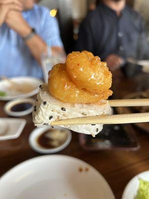 Popcorn shrimp with spicy tuna