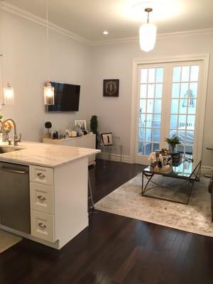 French doors installed, new moldings, new ceilings, got rid of the old popcorn ceiling, also the hardwood floors