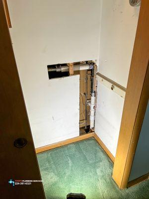 Schedule 40 PVC section repiping of 2 inch cast iron bathroom drain located in a bedroom closet wall in Prospect Heights, IL.  224-381-6321