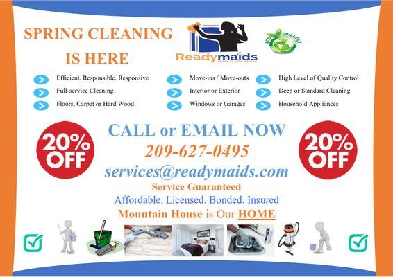 It's Spring Cleaning Time. Are You Ready? We are ReadyMaids. We always are. Special discounts on-going. Book an appointment now.