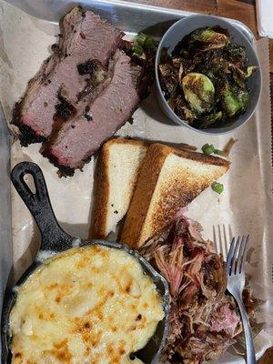 2 Meat Combo Plate with pulled pork, brisket, Mac and cheese, Brussel sprouts