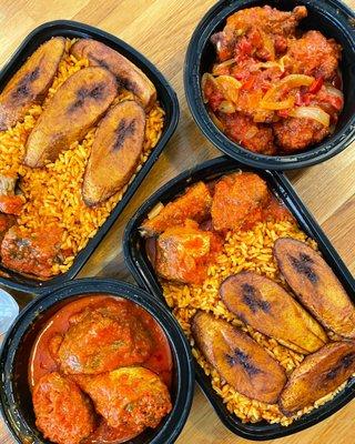 Wings, jollof, Plantains with Stew