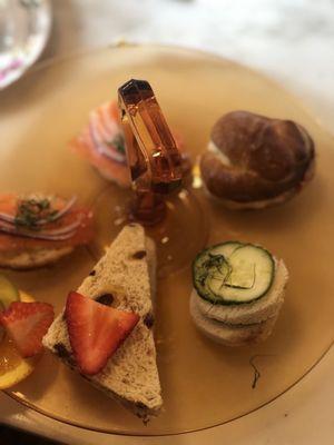 Tea sandwiches: salmon, strawberry, cucumber, and pimento cheese