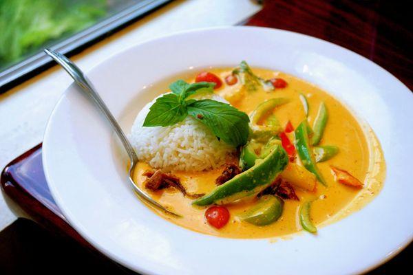 Roasted Duck Curry: roasted duck with coconut milk red curry, pineapple, cherry tomatoes, bell peppers and basil ($16).