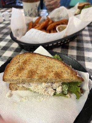 Homemade Chicken Salad Sandwich and sweet potato fries