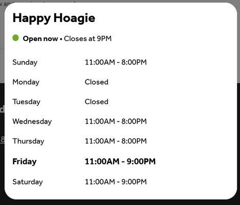 Hours of operation: Sun, Wed-Thu 11a-8p, Fri-Sat 11a-9p, Mon-Tue Closed