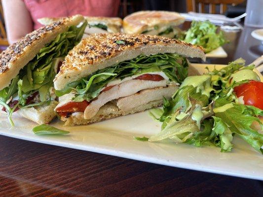 Grilled chicken with roasted red peppers, mozzarella, and pesto on everything flavored panini