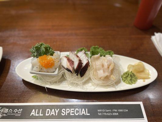 Squid, octopus, and giant clam sushimi