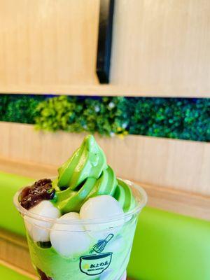 Matcha Soft Serve with Mochi and Red Bean toppings