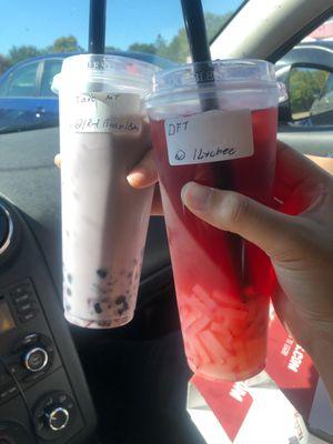 Taro Milk Tea w/ Boba & Red Bean (Half Sweet), Dragon Fruit w/ Lychee Jelly