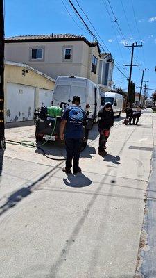 Jetter hose was stuck in city main, working on removing, customer's sewer line collapsed in Seal Beach