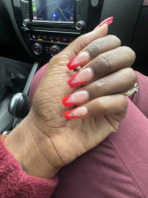 Full set Ballerina shape with High French base color gold sparkle and tip color red