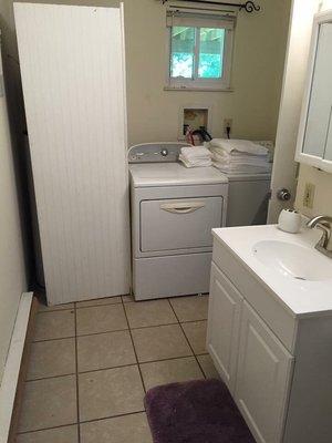 Bathroom floor tile, installed new vanity, hauled out old one.