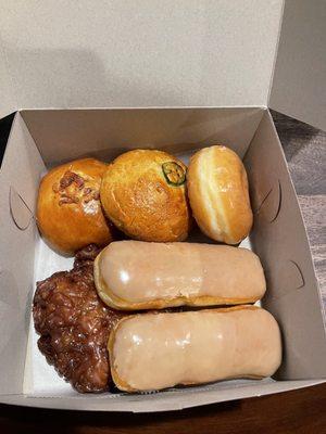 Chorizo, Egg, and Cheese Kolache, Glazed Donuts, Bars Donuts, Apple Fritter Donuts