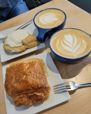 Lovers latte, scone, and chocolate croissant