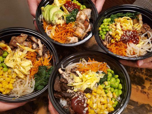 Our chicken bowl with avocado, pork bowls and beef bowl